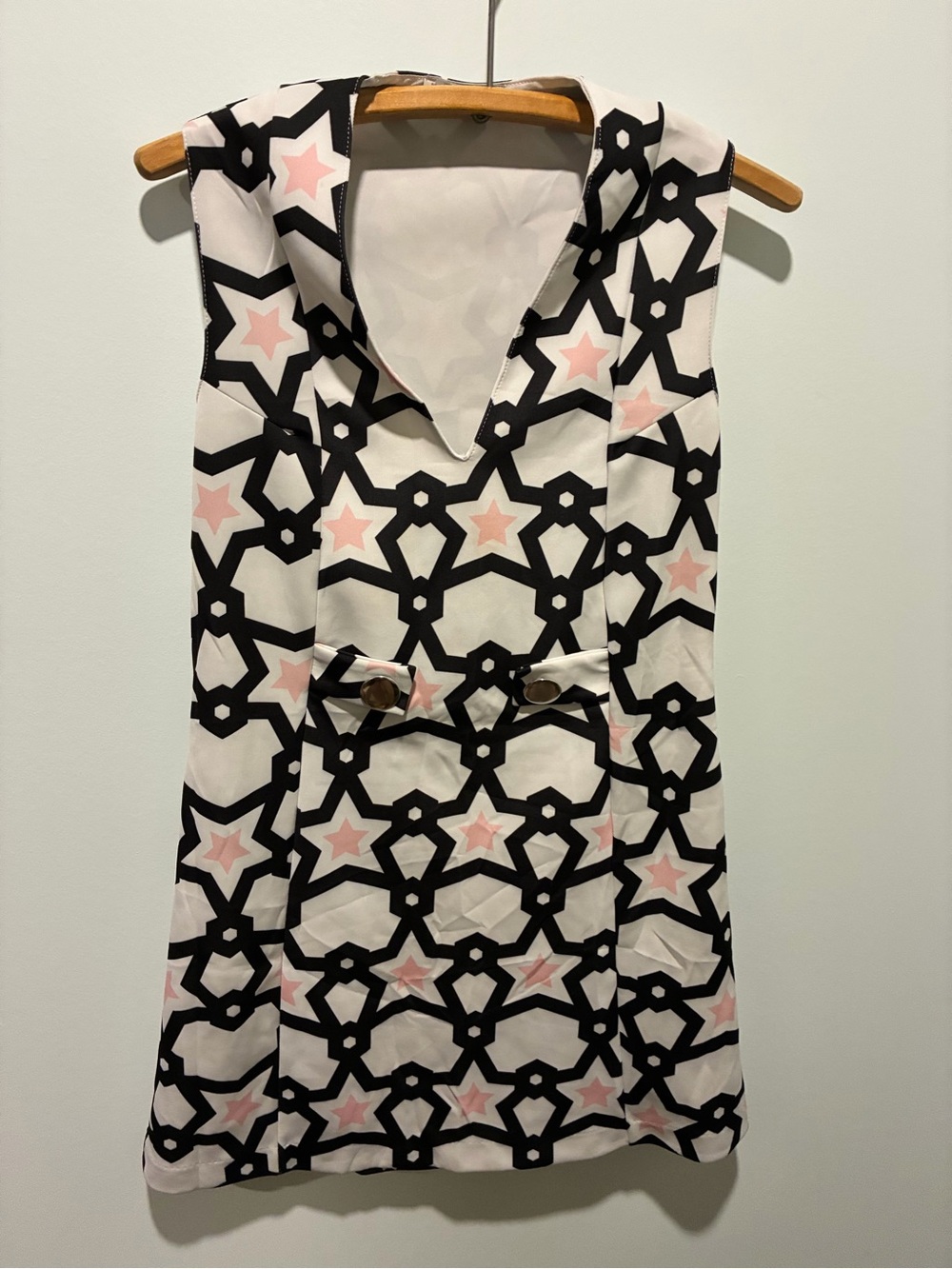 Zara White Mini Dress with Black and Pink Star Trim - Small